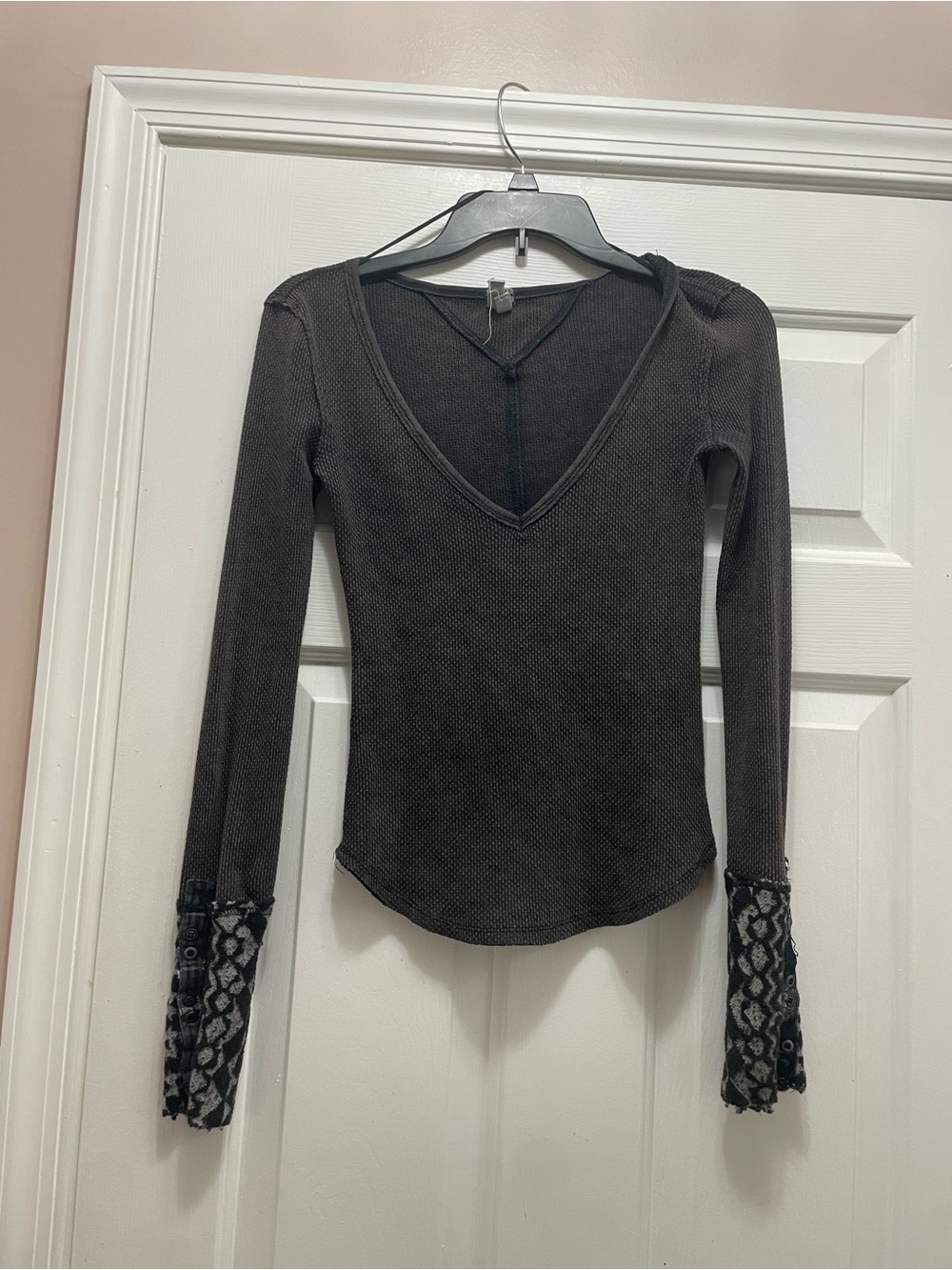 Free People Charcoal V-Neck Long Sleeve Top with Lace Cuffs